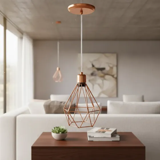 Lustre Pendente Aramado Diamante Cobre Total Cabo 2 Metros.