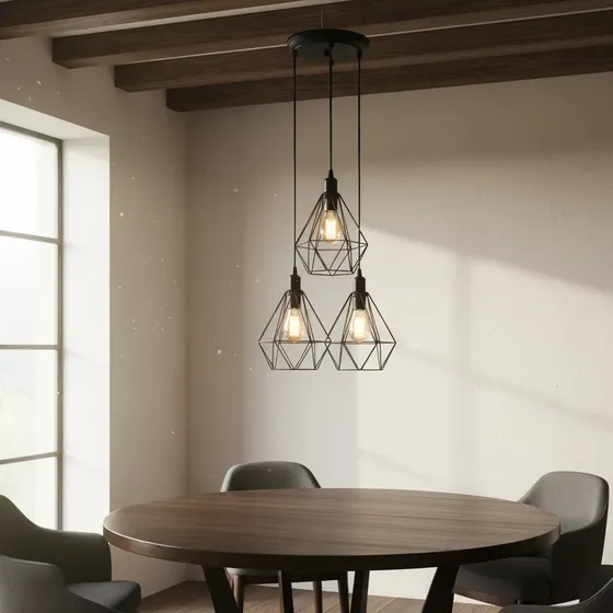 Lustre Pendente Triplo Retrô Aramado Diamante Preto