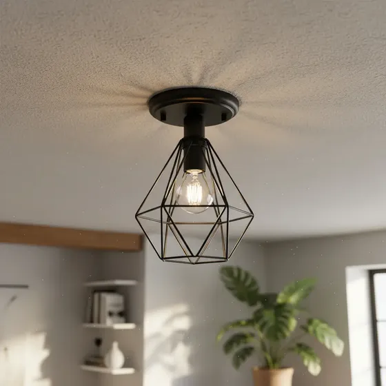 Lustre Teto Industrial- Plafon Retrô Aramado Diamante Preto