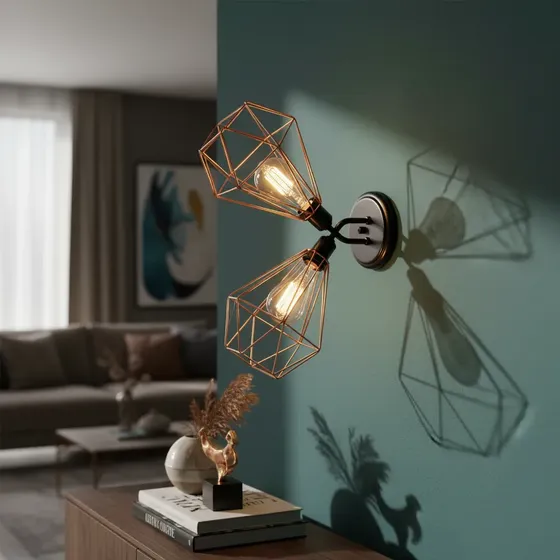 Lustre De Teto- Plafon Aramado Diamante Duplo Cobre-18×20 Cm